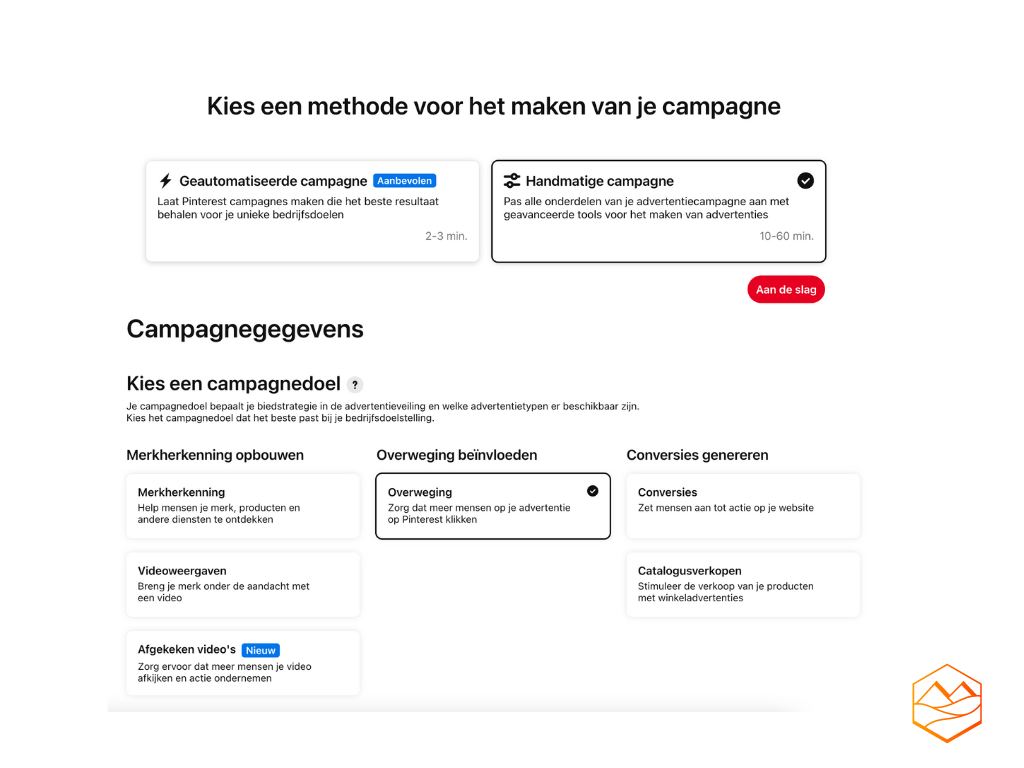 Screenshot van het overzicht waarbij je het campagnedoel kan kiezen